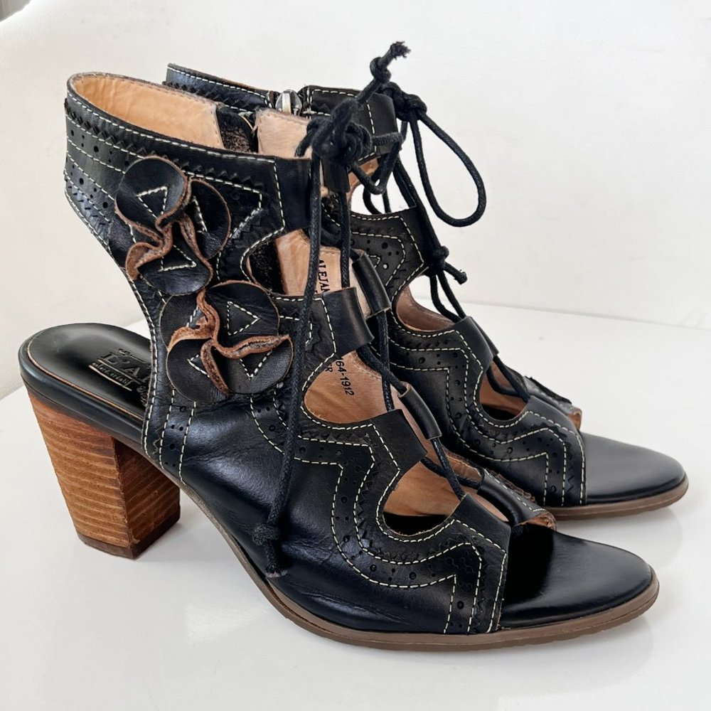 Leather Lace-Up Heeled Sandals in Black and Brown